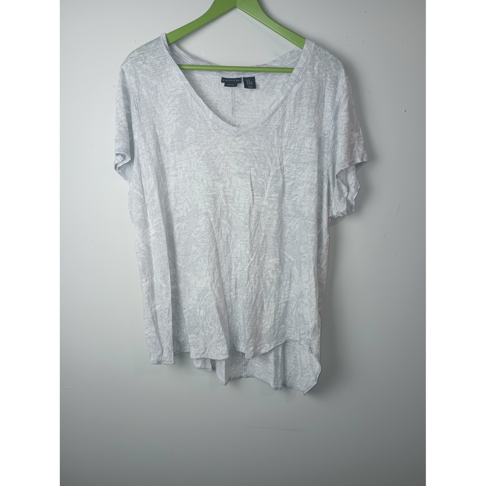 Tahari Women 2X Gray White Linen Palm Leaf Print V-Neck Asymmetrical Hem Top
